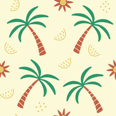 Whimsical flat illustration seamless pattern with palm trees and sun vector