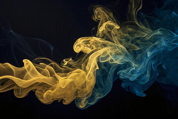 Fototapeta premium Golden yellow and blue smoke dancing together in elaborate swirls, creating warm-cool color harmony with graceful flowing movement patterns.