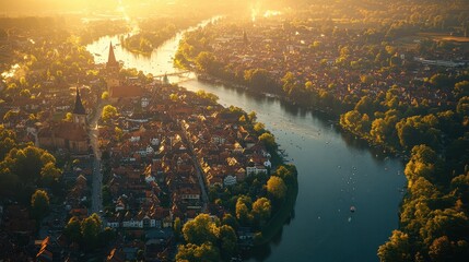 Heidelberg city in Germany, at the Neckar, Aerial view of a city in the morning