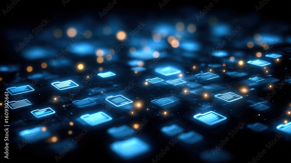Poster abstract network grid with files and folders, futuristic software interface, digital document manage