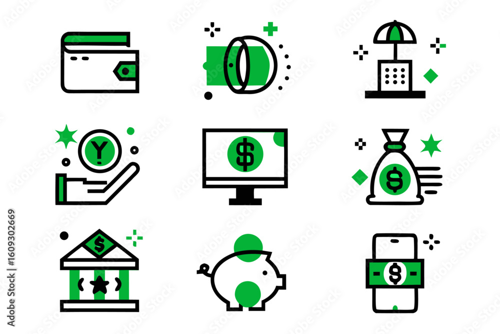 Poster clean line art graphic elements representing modern financial transactions and digital currency exch