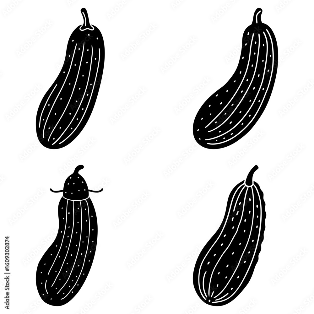 Poster four stylized cucumbers in black and white with dotted patterns and unique stem details displayed