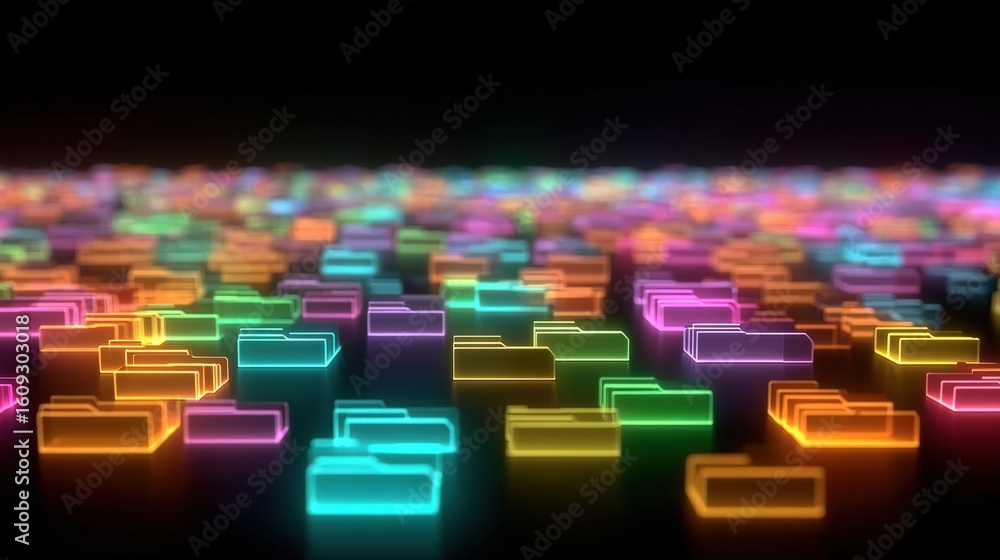 Poster abstract network grid with files and folders, futuristic software interface, digital document manage