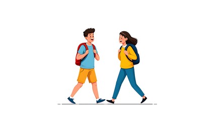 Fototapeta premium Two young people with backpacks walking and talking, facing each other in a friendly manner.