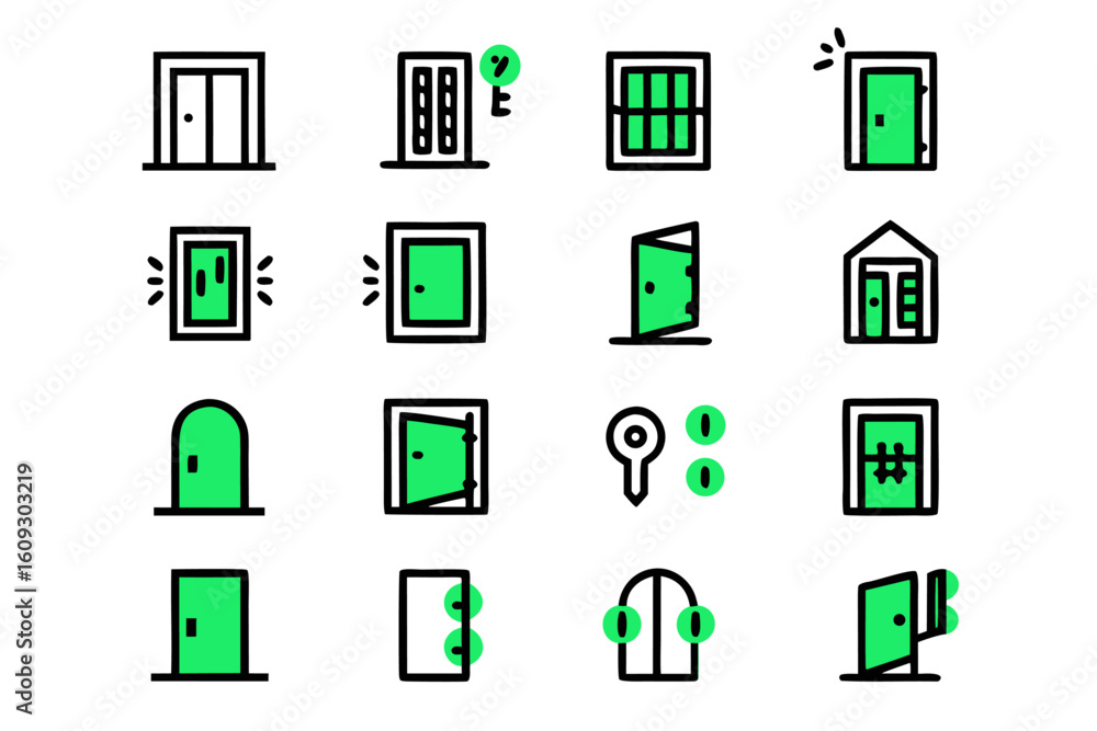 Poster comprehensive collection of door related graphic symbols including entry exit doorbell and knocking 