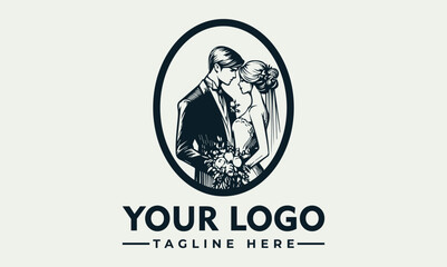 Elegant illustration of a bride and groom embracing within an oval frame, perfect for a wedding-related logo.