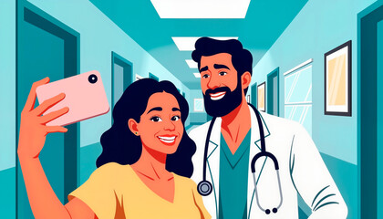 Young woman taking selfie with smiling doctor in hospital hallway, concept of International Doctor's Day  