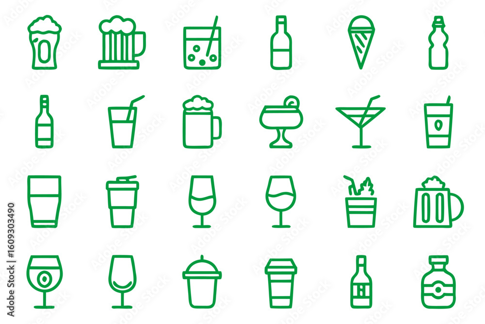 Poster clean and modern line art icons representing various beverages and drink related items perfect for d