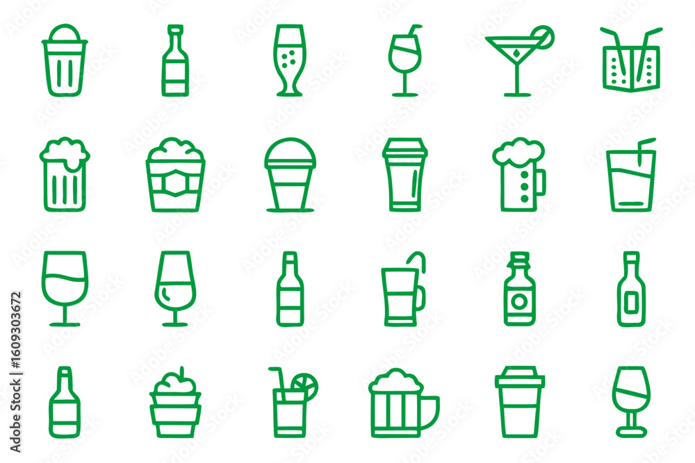 Poster collection of stylized beverage and drink container symbols presented in a clean modern outline styl