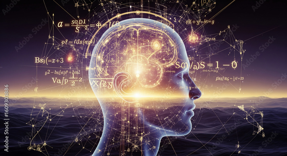 Poster abstract digital illustration of human head profile interwoven with mathematical formulas and networ