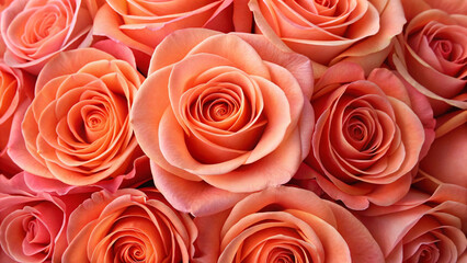 Beautiful coral pink roses arranged closely together, displaying perfect spiral petals and soft romantic colors in natural lighting arrangement.