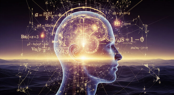 Abstract digital illustration of human head profile interwoven with mathematical formulas and network connections, symbolizing intellect, knowledge, and complex systems