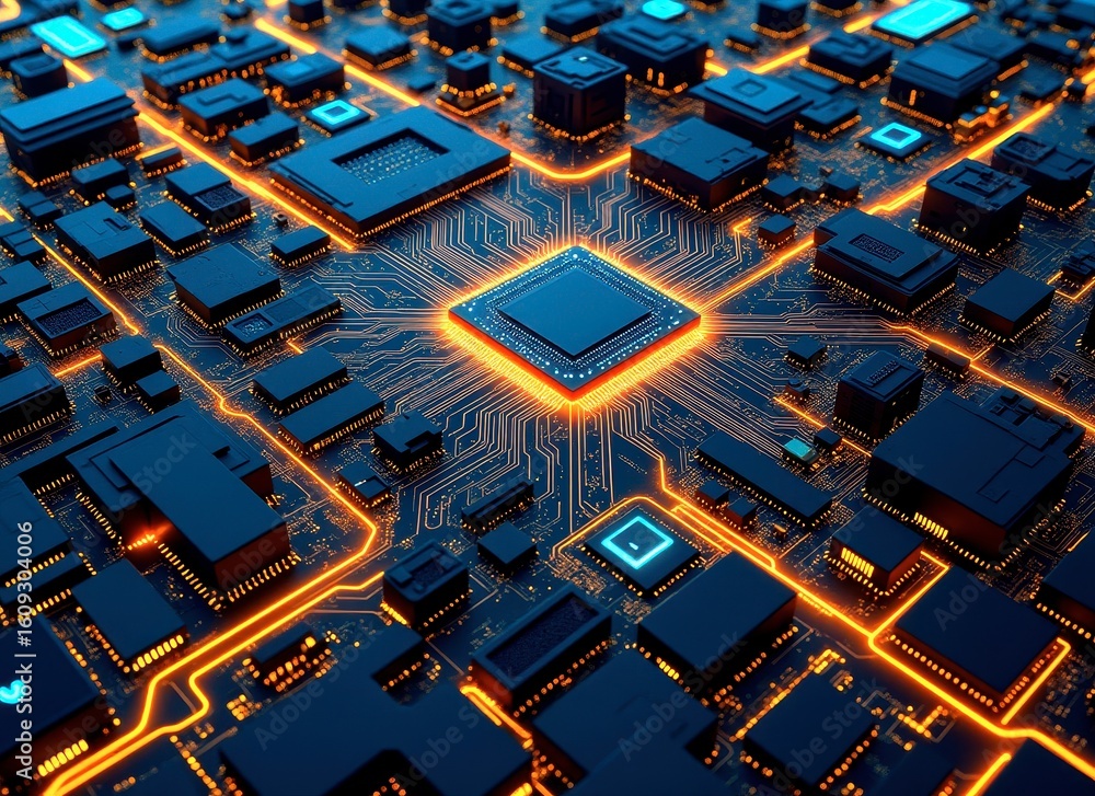 Poster x-default close-up of a circuit board with glowing orange traces