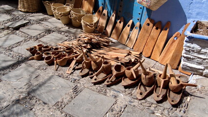 Shop selling wooden spoons and carved items in the medina in Chefchaouen, Morocco