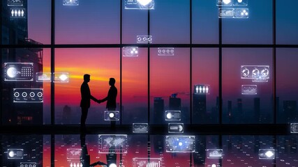 Corporate digital deal scene at dusk, silhouettes of professionals in smart office with analytics overlay, innovation-driven strategy - Powered by Adobe