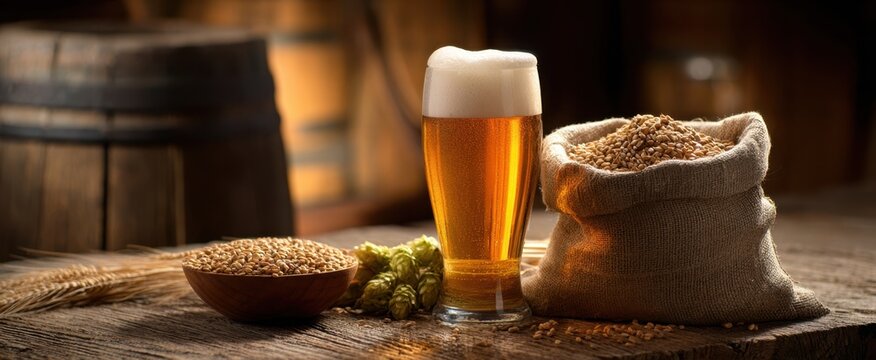 The beer and ingredients showcasing brewing craftsmanship and rustic charm.