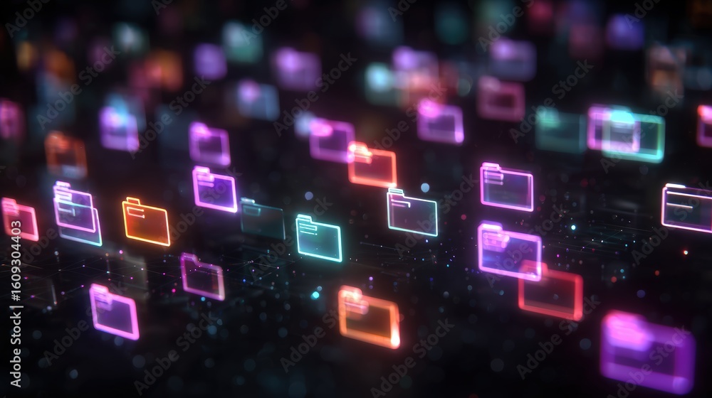 Poster abstract network grid with files and folders, futuristic software interface, digital document manage