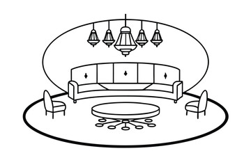 Circular Living Room With Center Chandelier And Couch