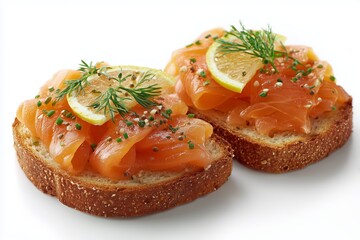 Delicious smoked trout toast garnished with fresh herbs and lemon slices served on artisan bread against a clean white background for a delightful culinary experience