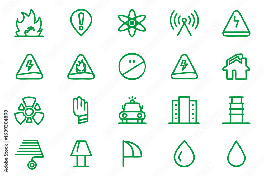 Poster comprehensive collection of emergency response symbols and hazard alert graphics for safety and cris