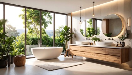 Serene Bathroom Retreat: A Tranquil Oasis Blending Modern Design with Lush Greenery Atmosphere