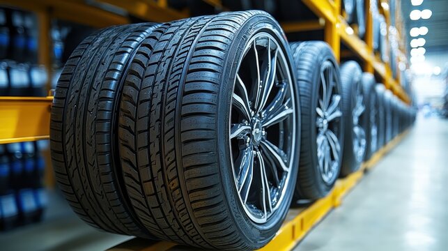 New tires are neatly stacked on the tire storage rack in the auto parts store, Concept for tire changes