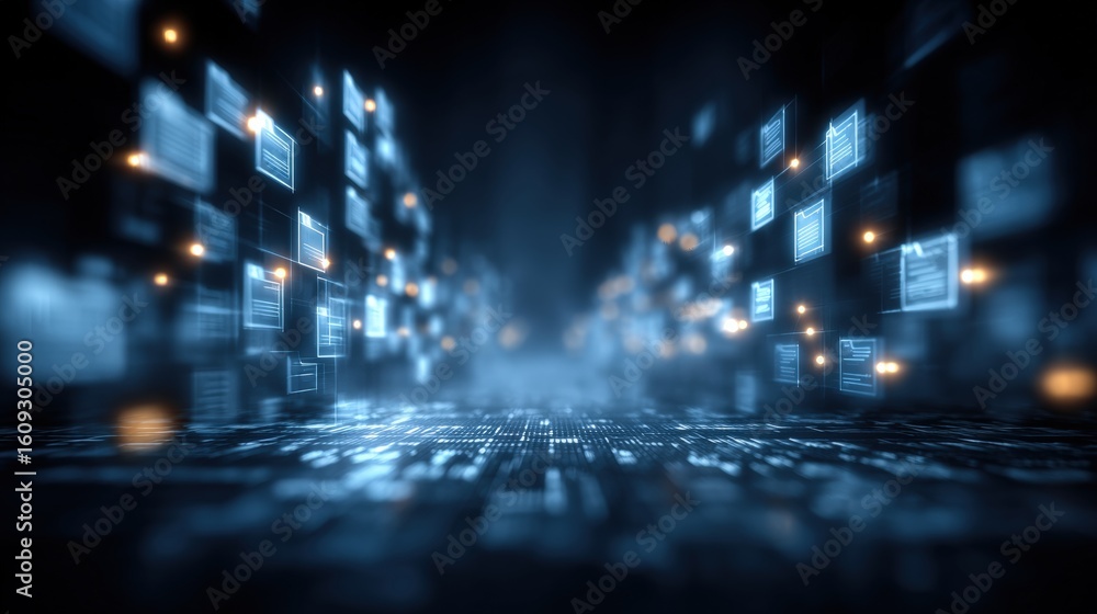 Aufkleber abstract network grid with files and folders, futuristic software interface, digital document manage