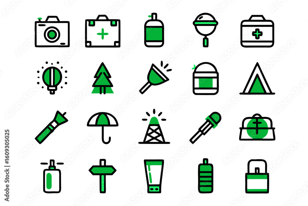 Poster comprehensive collection of essential safety and preparedness symbols for emergency situations featu