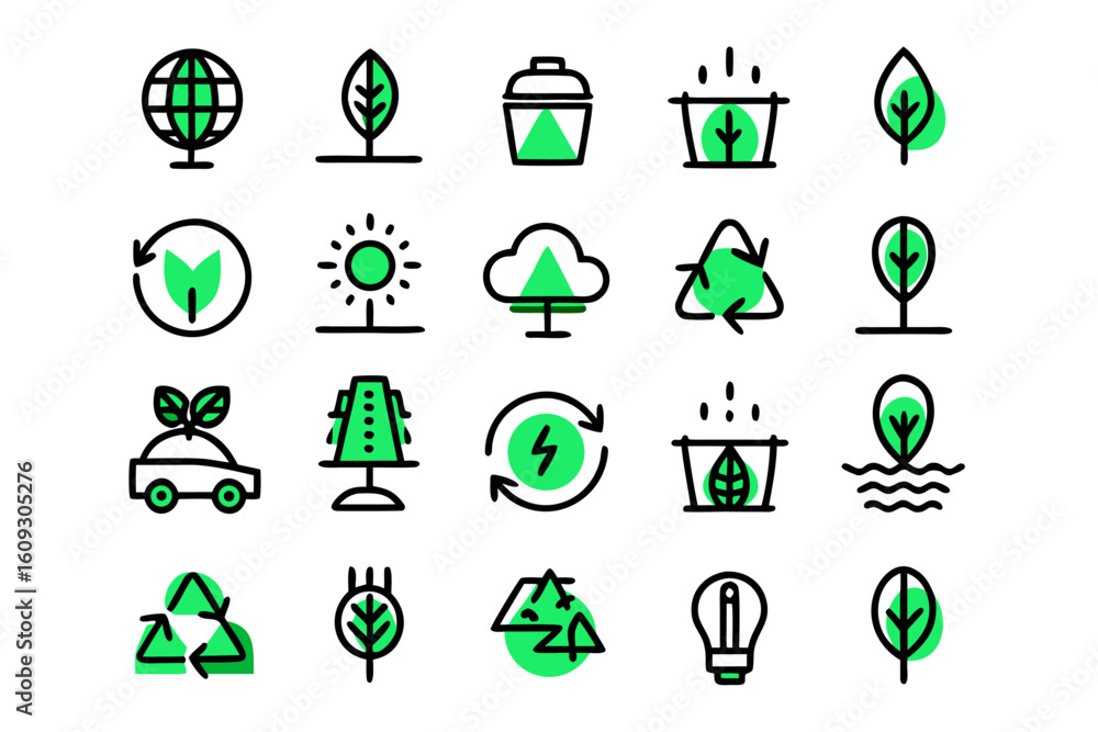 Poster clean line graphics representing environmental concepts and sustainable energy solutions in a cohesi