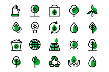 Comprehensive collection of clean modern line art symbols representing environmental sustainability and renewable energy concepts for digital and print applications