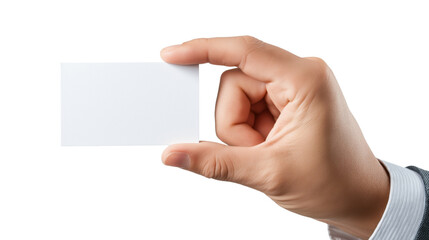 Obraz premium Hand holding blank white card with thumb and index finger isolated on a transparent background image