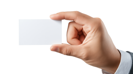 Hand holding blank white card with thumb and index finger isolated on a transparent background image