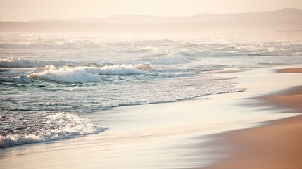 Obraz premium A serene beach scene with gentle waves and an empty shoreline, evoking tranquility