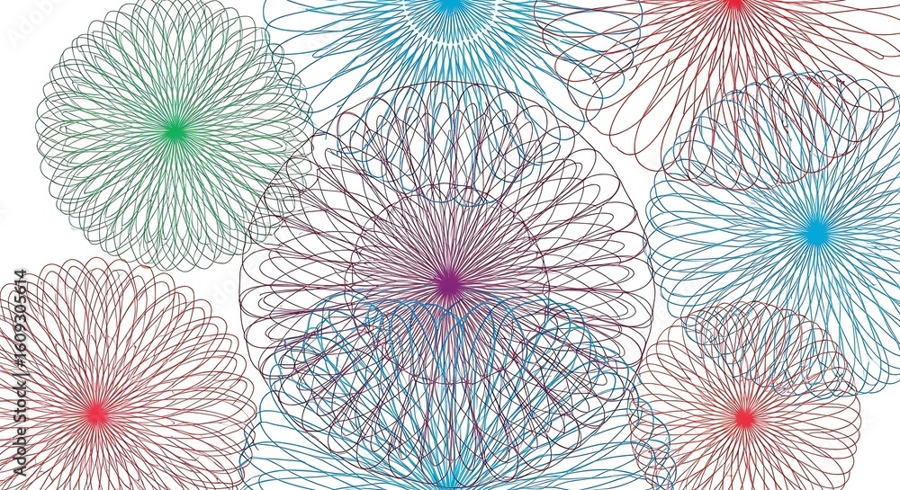 Poster abstract kaleidoscopic floral pattern with intricate line work on a white canvas