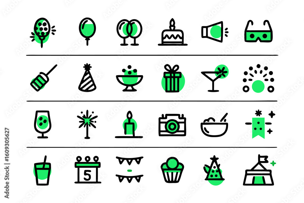 Poster comprehensive collection of clean modern line art symbols representing various aspects of event orga