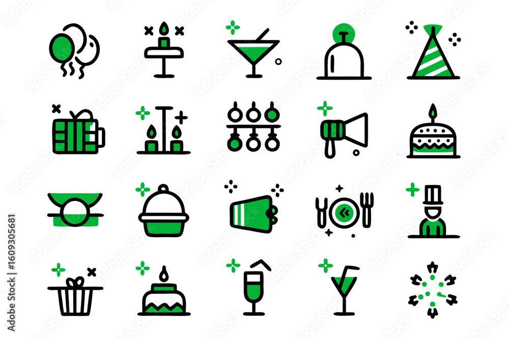 Poster comprehensive collection of clean modern line art symbols representing various aspects of event orga