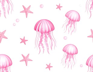 Pink jellyfish and starfish seamless pattern
