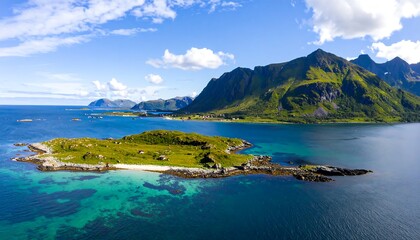 Serene coastal landscape featuring vibrant turquoise waters, rugged islands, and majestic mountains