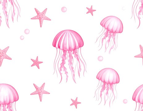 Pink jellyfish and starfish seamless pattern