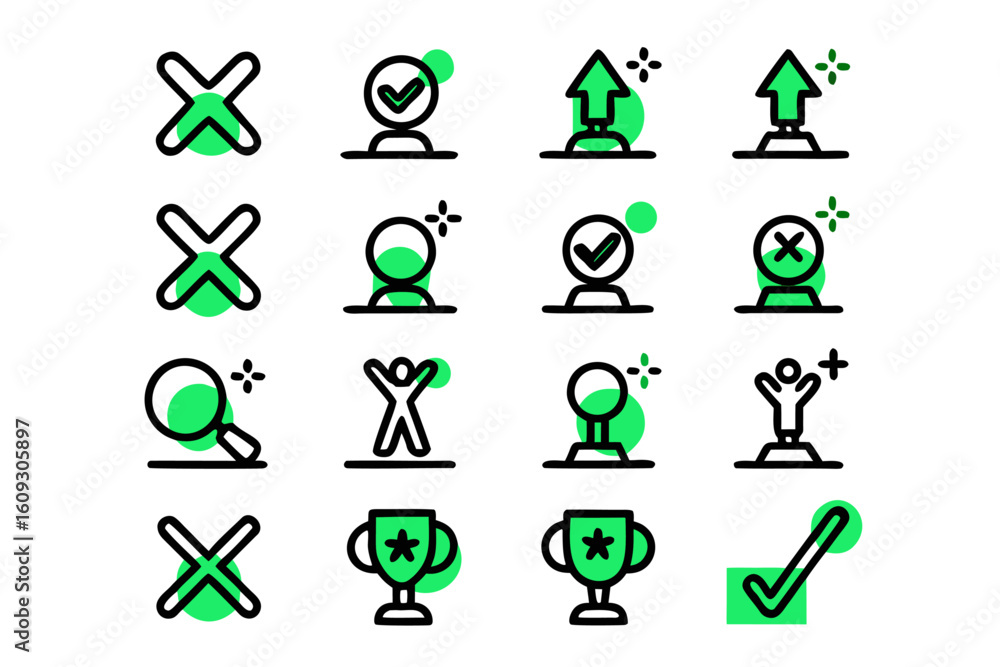 Poster a clean minimalist line art icon set representing concepts of setbacks errors and unsuccessful outco