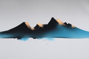 Abstract blue and golden river flowing with ink wash style and calligraphic integration, serene minimalist mountain range background on white, peaceful simplicity concept