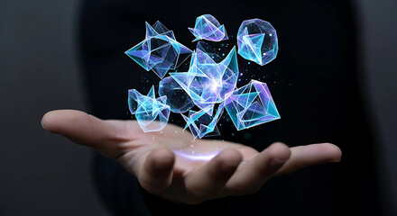 A hand holding a digital network of interconnected geometric shapes