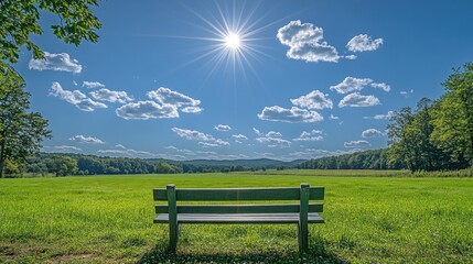 Fototapeta premium Sunny meadow with bench and bright sky