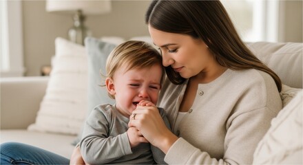A tender moment where a loving mother comforts her crying toddler, holding hands and offering gentle solace indoors.