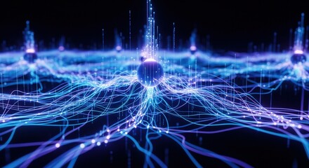 A glowing blue and purple orb, connected by illuminated data streams to numerous other orbs, symbolizes a vast digital network.