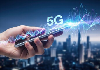 A hand holds a smartphone displaying "5G" with vibrant, glowing data waves, symbolizing advanced wireless technology against a city backdrop.