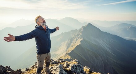 A triumphant man stands with outstretched arms on a mountain peak, gazing at a vast, hazy range under a bright sky.