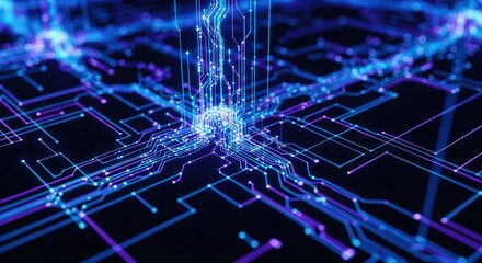 A mesmerizing abstract image featuring a central burst of blue and purple light lines, resembling a circuit board or futuristic city.