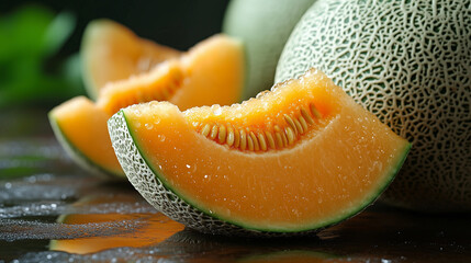 Freshly sliced cantaloupe displayed on a wooden surface with droplets of water, showcasing its vibrant color and texture