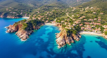 Aerial view of a picturesque coastal village with turquoise waters and lush green hills showcases